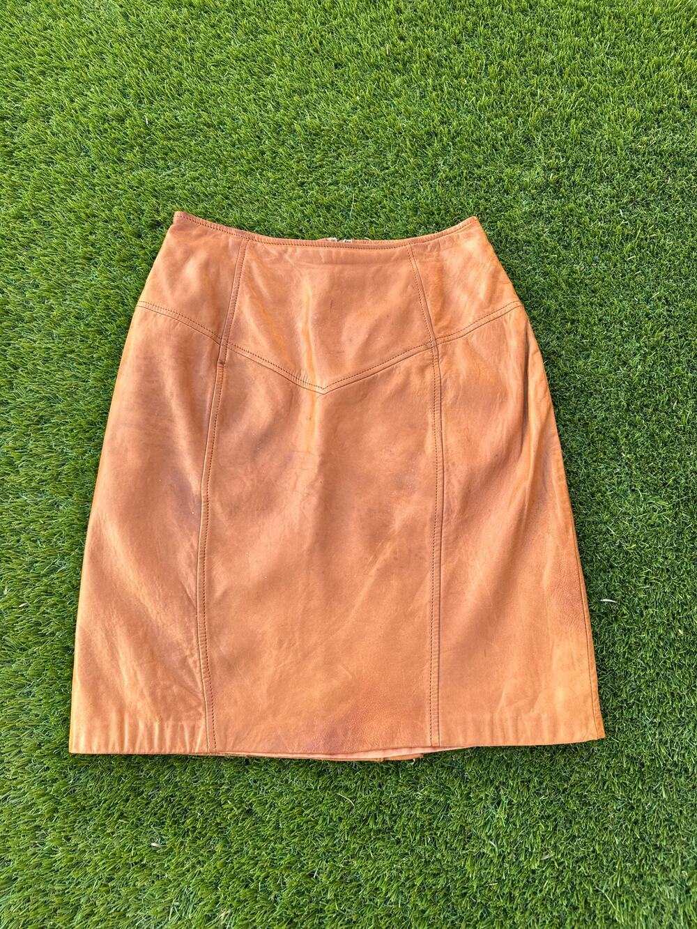 VTG Renaissance Leather Pencil Skirt Womens 8 Cognac Lined Midi